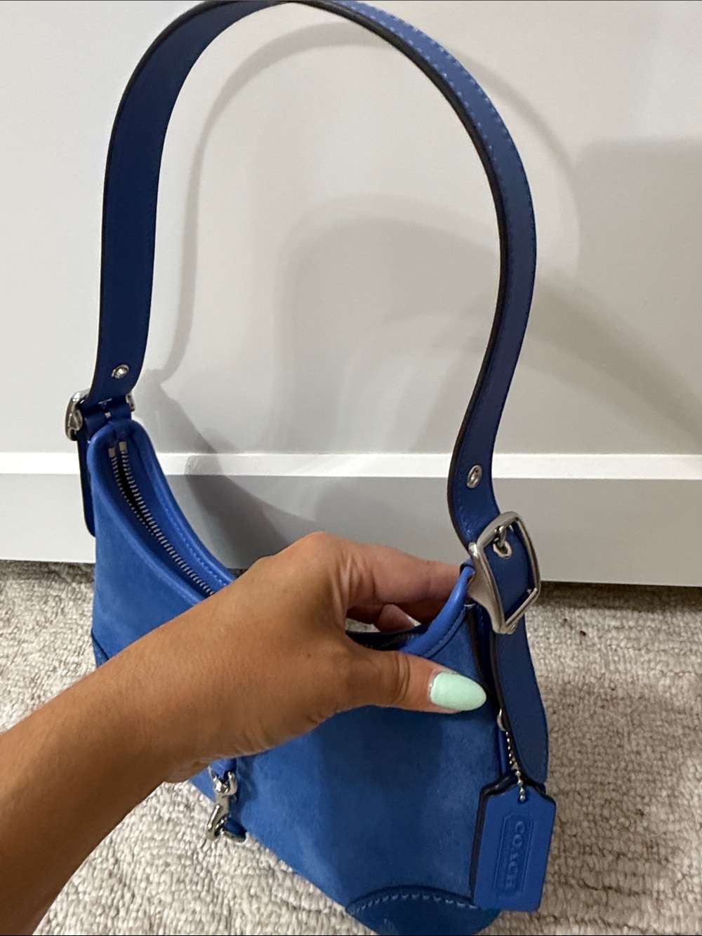 Coach the Hamptons Hobo- Blue Suede Shoulder Bag with Silver Hardware - Picture 3 of 5